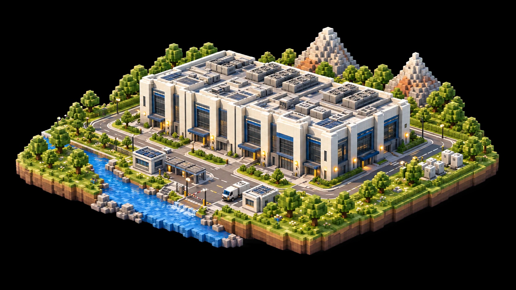 Bright data center campus with clean power infrastructure and transmission context