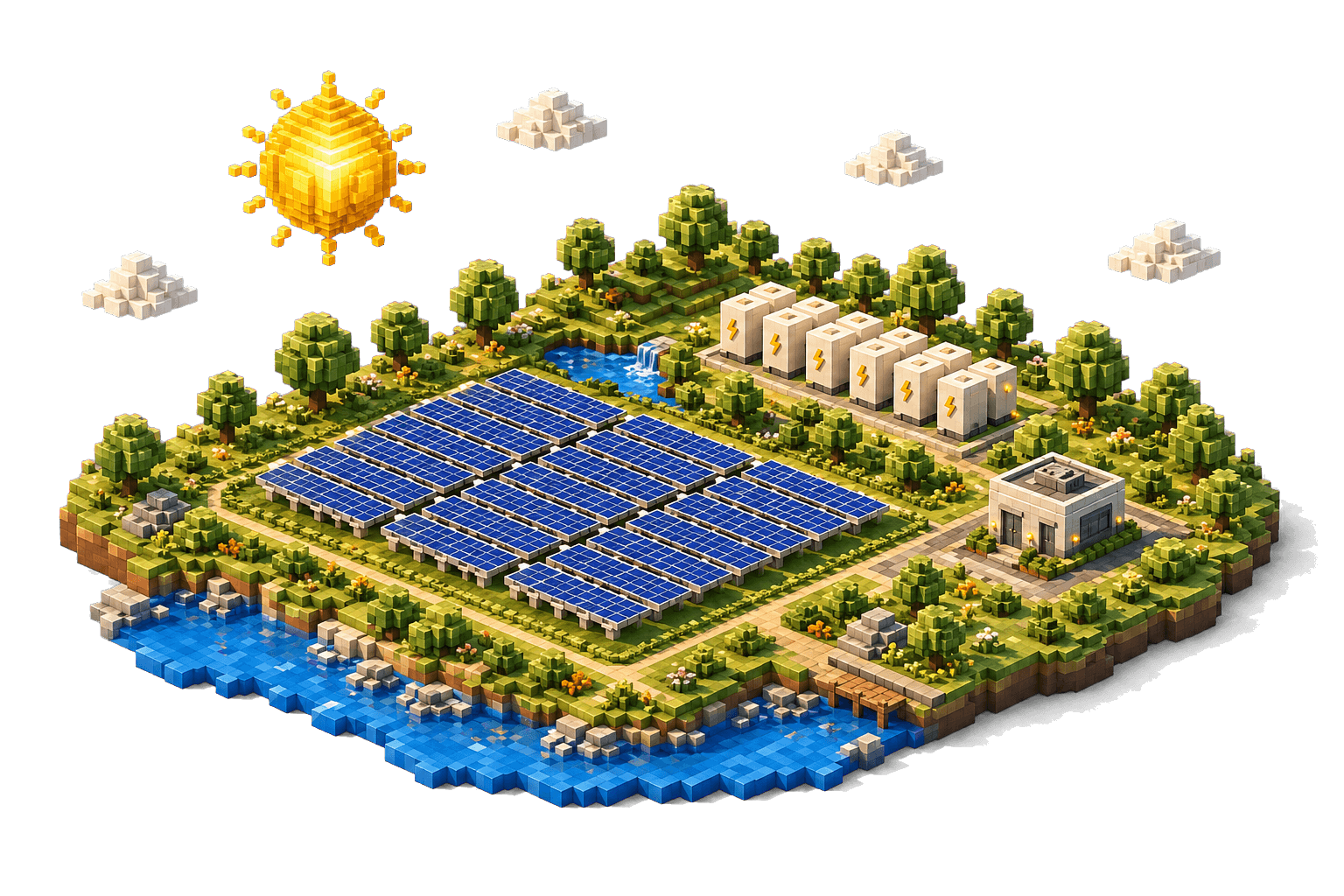 Isometric clean power resource island with solar arrays, trees, battery storage, water, and a small facility