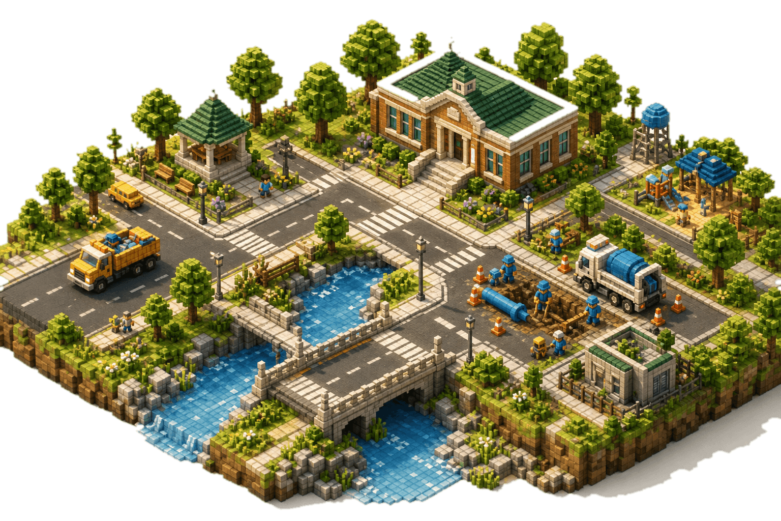 Isometric local infrastructure scene with civic buildings, roads, bridge, water, trees, and public improvements