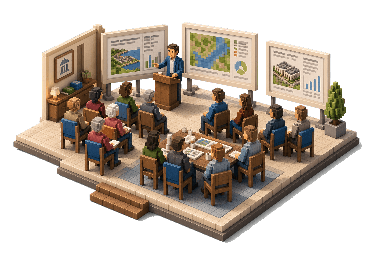Community and utility meeting scene with people reviewing a clean power project