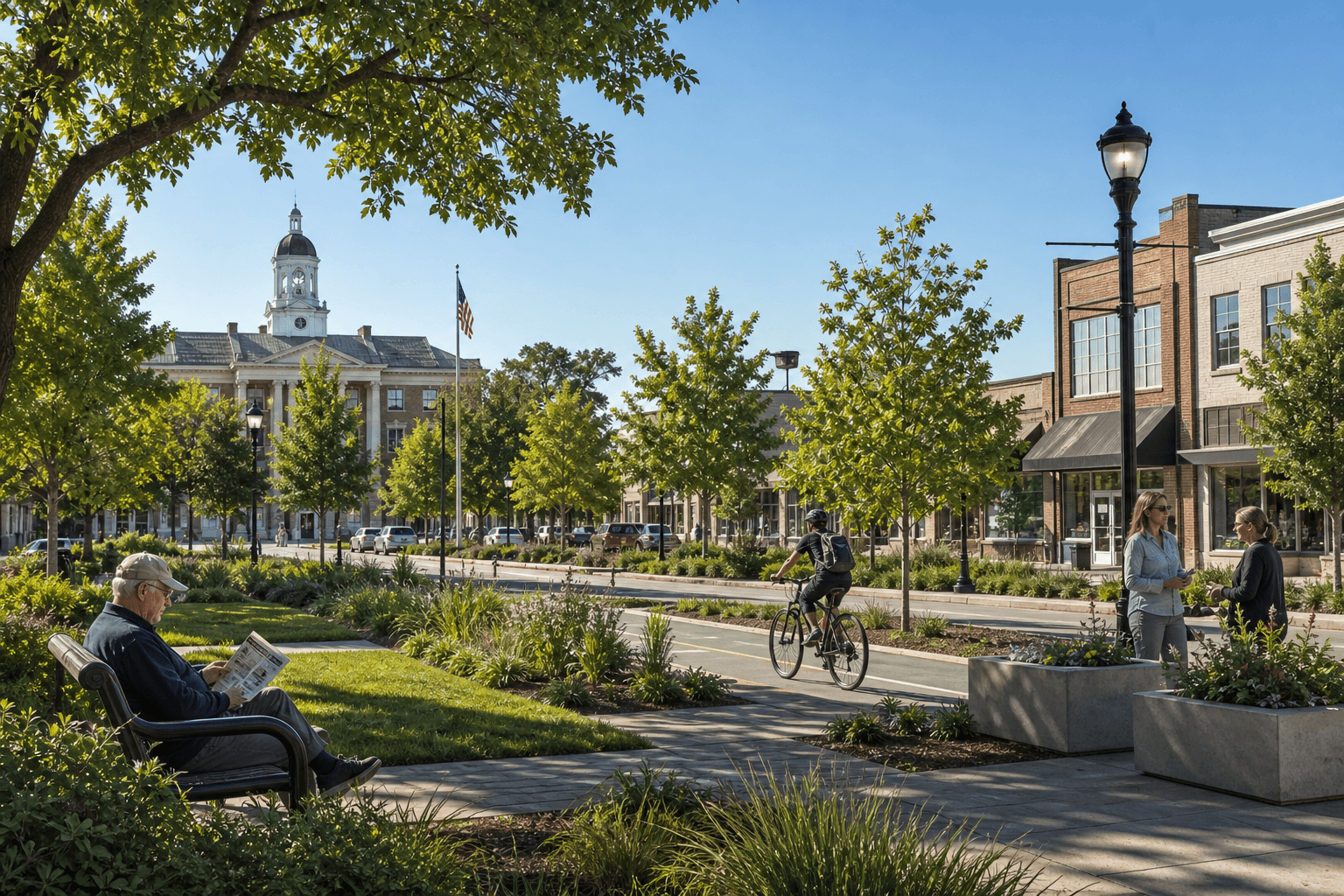 Local main street with shops, civic buildings, and visible community investment