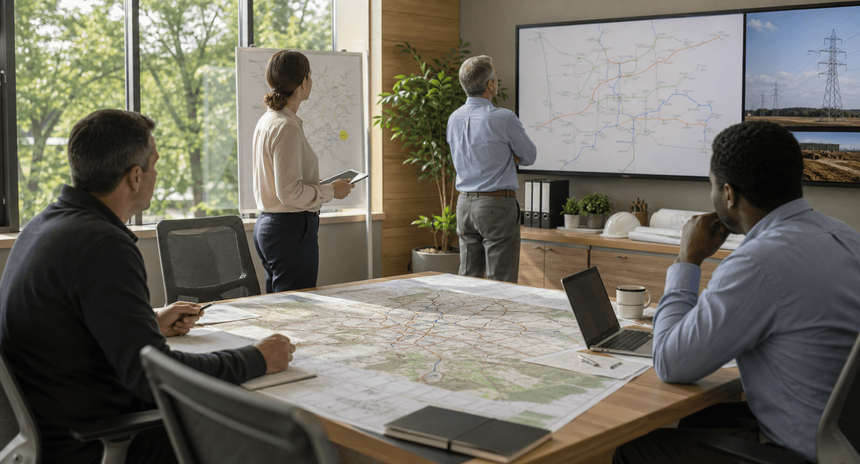 Reliability planning room with engineers reviewing utility maps and grid studies