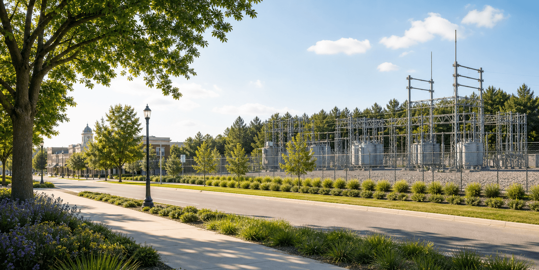 Real-world power infrastructure at the edge of a community with open land and utility equipment