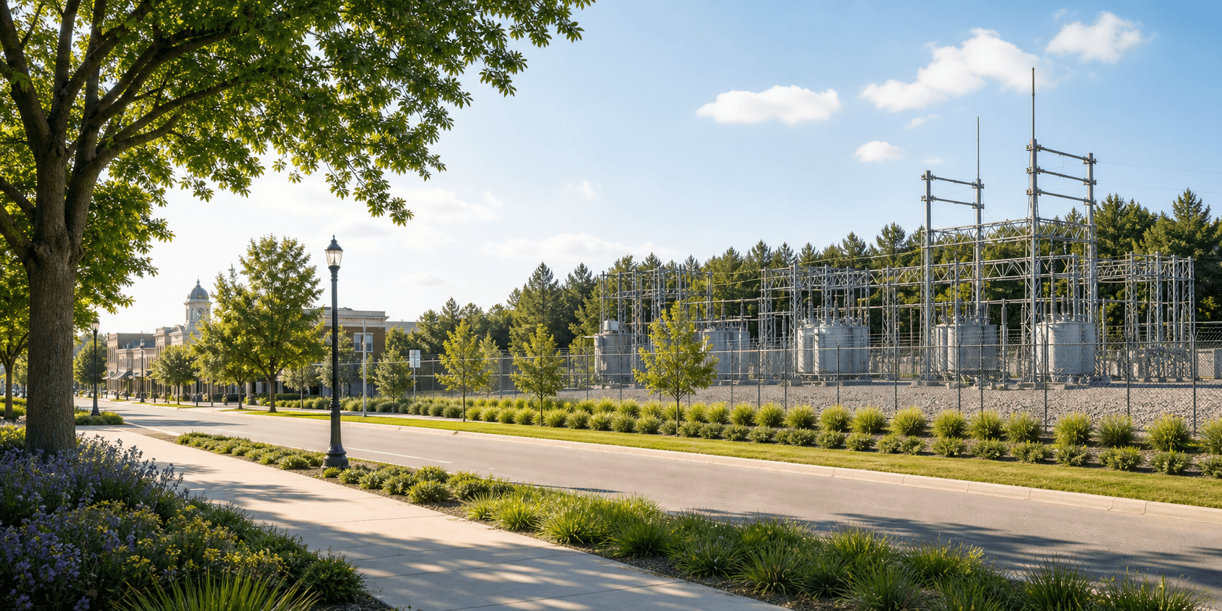 Real-world power infrastructure at the edge of a community with open land and utility equipment