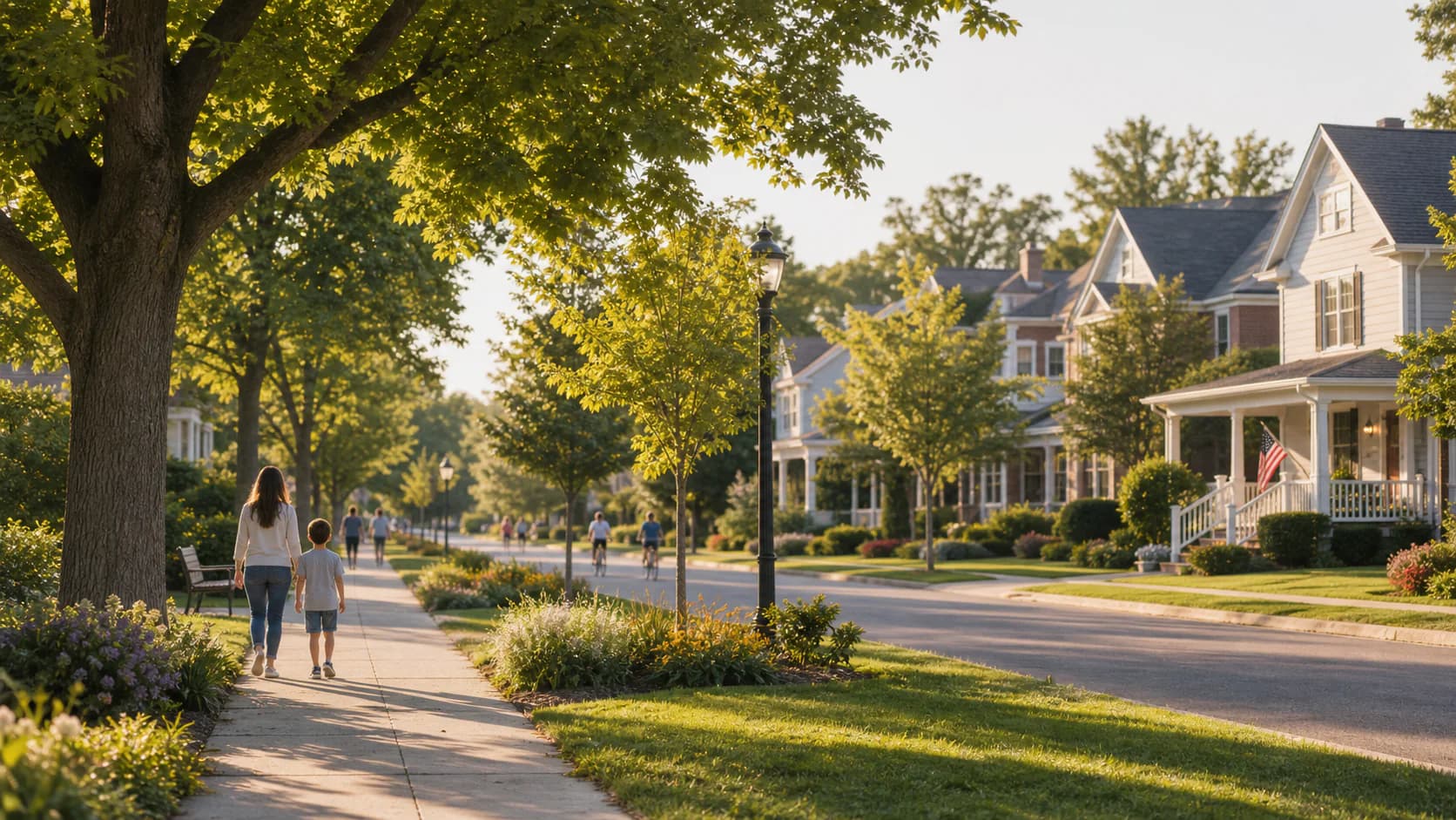 Tree-lined neighborhood sidewalk with homes, shade trees, and residents walking in warm sunlight