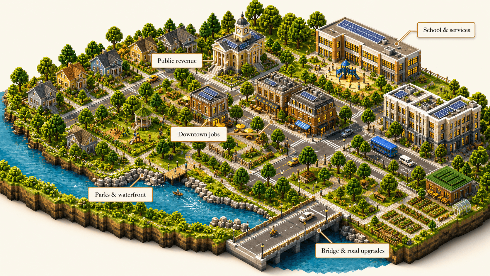 Wide isometric riverfront community with stronger tree canopy, renovated civic buildings, improved public spaces, solar rooftops, bridge, garden, and waterfront investment