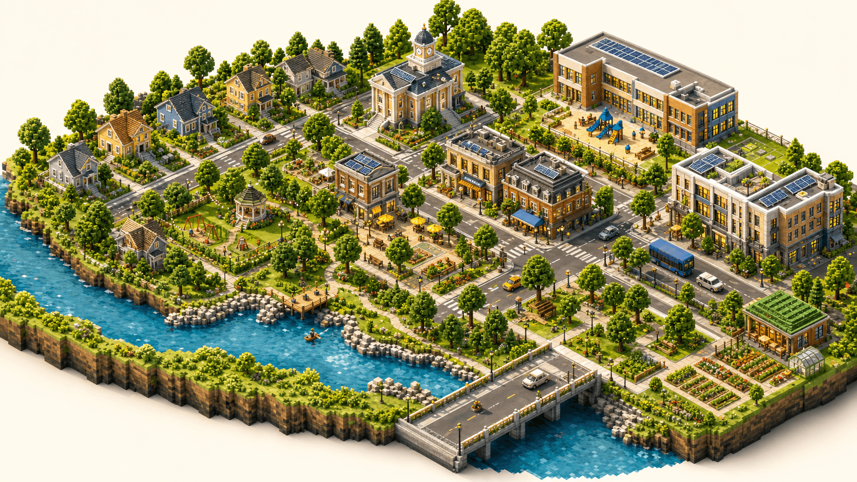 Wide isometric riverfront community planning context with civic buildings, homes, roads, trees, river, and public spaces