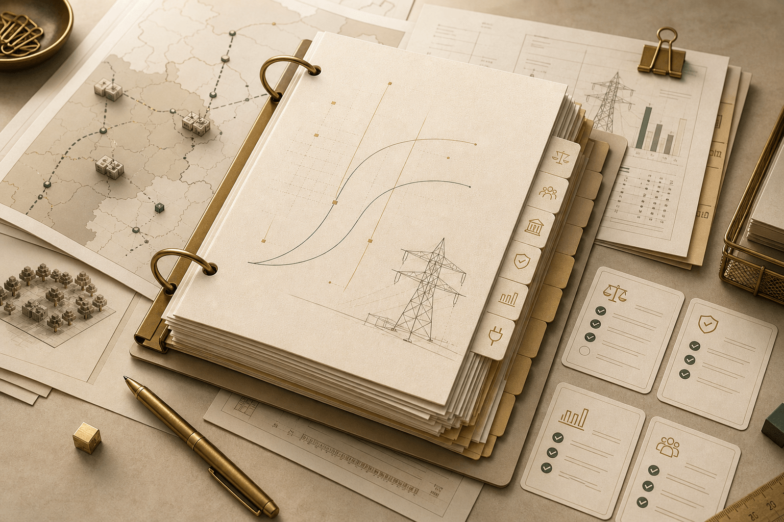 Regulatory approval dossier with maps, tariff pages, and utility review cards