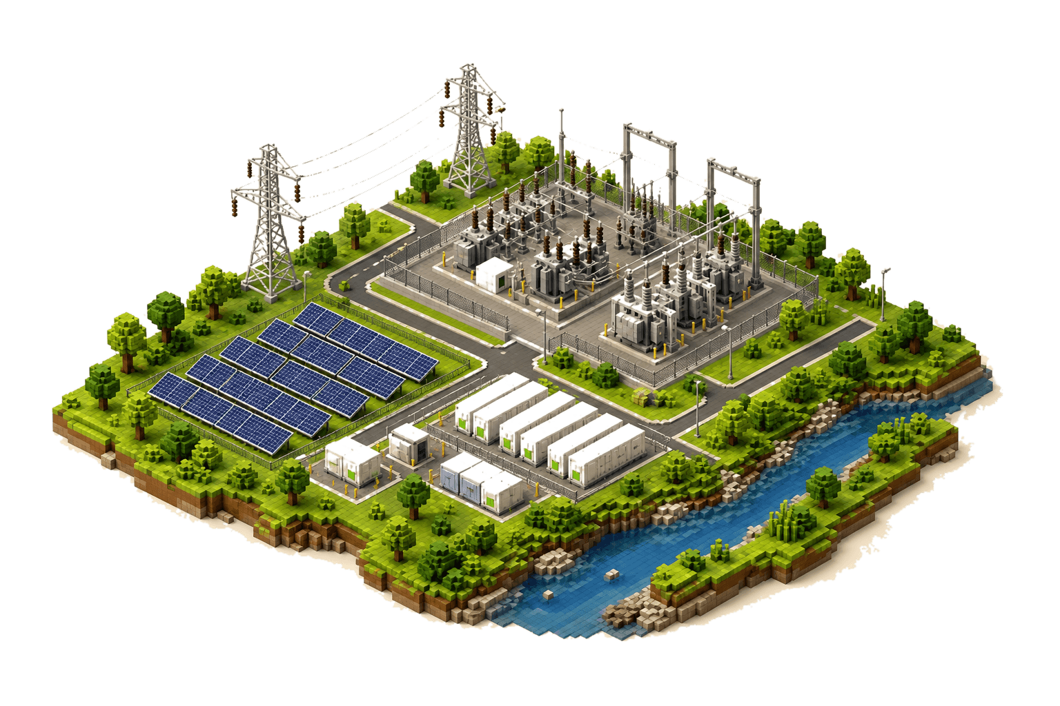 Isometric utility-reviewed grid system with substation, solar, storage, water, trees, and review infrastructure