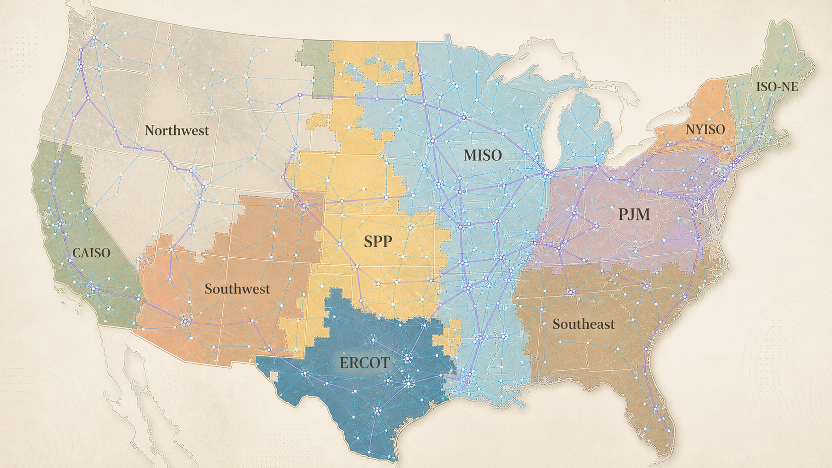 Illustrative U.S. grid map highlighting MISO, SPP, and PJM with high-voltage transmission context.